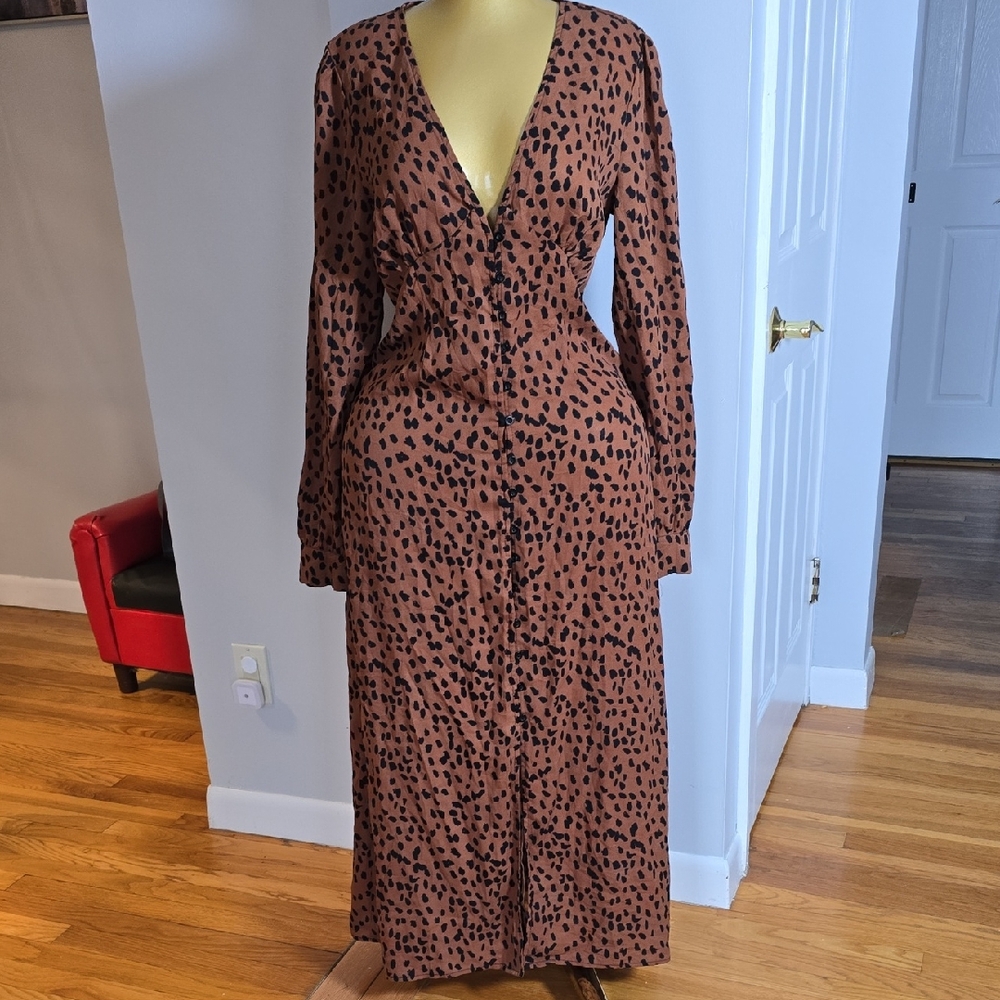 Long Sleeve Brown Leopard Print Shirt Dress
